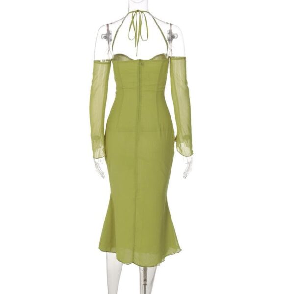 Low cut halter off shoulder long flared sleeve midi dress - Image 8