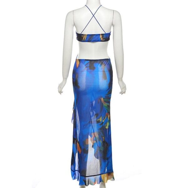 Cross front backless sheer mesh see through slit contrast print maxi dress - Image 6