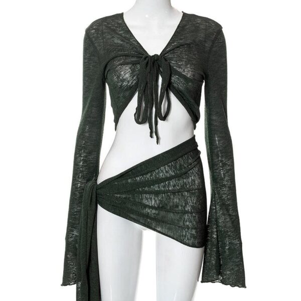Sheer mesh see through v neck knotted irregular long sleeve skirt set - Image 3