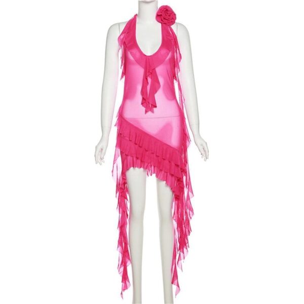 See through halter sheer mesh ruffle flower applique mini dress - Image 4