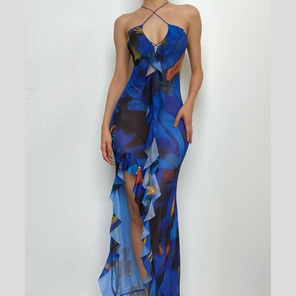 Cross front backless sheer mesh see through slit contrast print maxi dress - Image 10