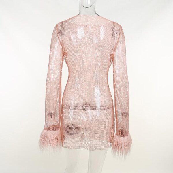 Long sleeve solid see through sheer mesh fluffy round neck mini dress - Image 5