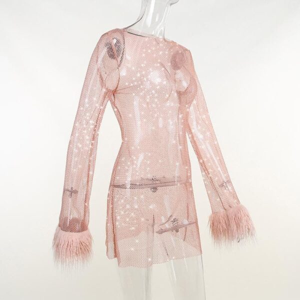 Long sleeve solid see through sheer mesh fluffy round neck mini dress - Image 4