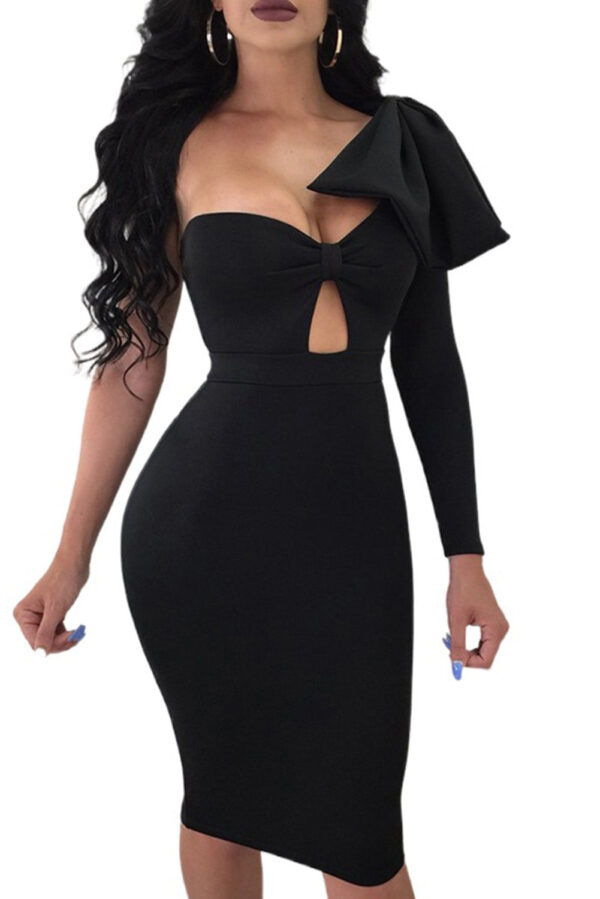 Womens One Shoulder Party Dress Bowknot Hollow Out Bodycon Midi Dress - Image 2