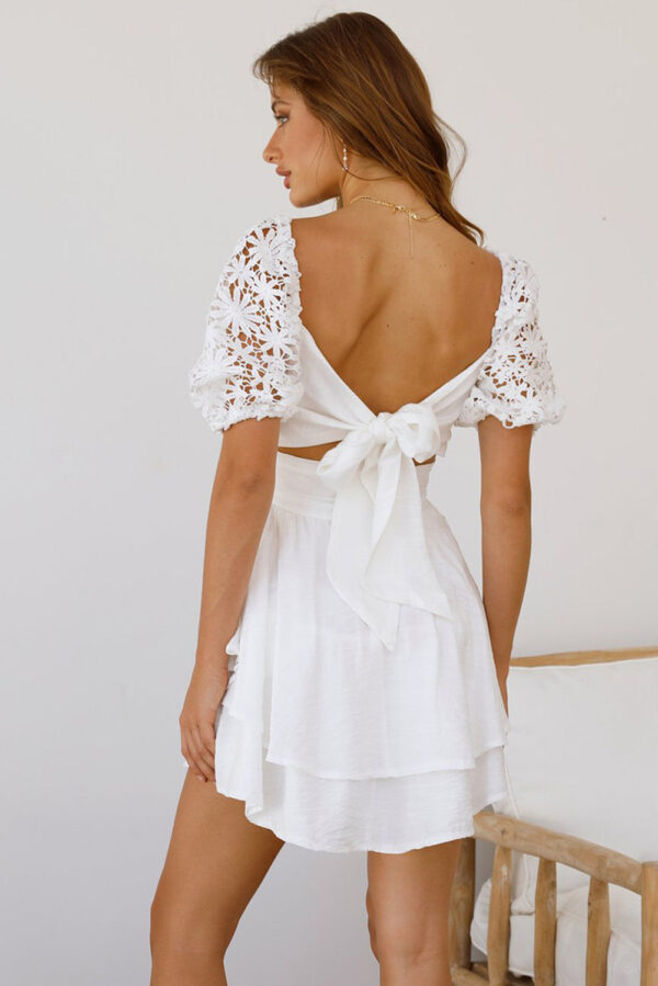 Women's Summer Mini Puff Sleeve Dress Square Neck Lace Ruffle A Line Dress - Image 3