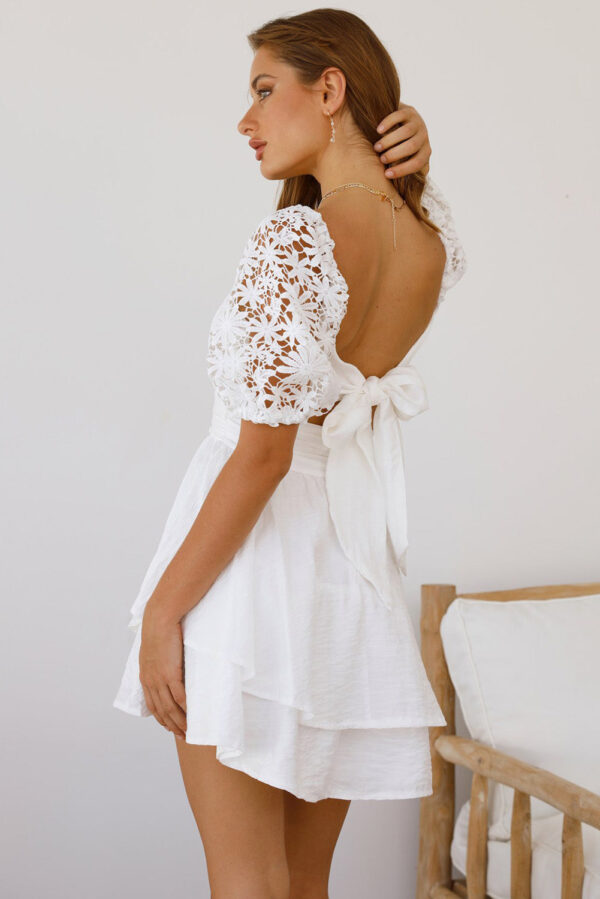 Women's Summer Mini Puff Sleeve Dress Square Neck Lace Ruffle A Line Dress - Image 2