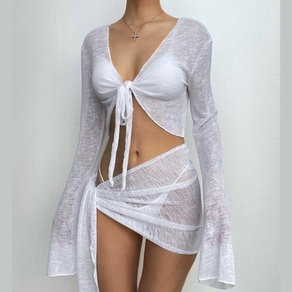 Sheer mesh see through v neck knotted irregular long sleeve skirt set - Image 9