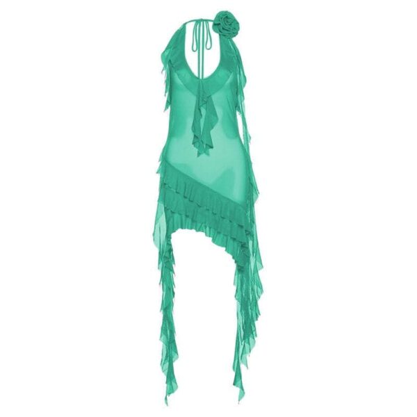 See through halter sheer mesh ruffle flower applique mini dress - Image 10