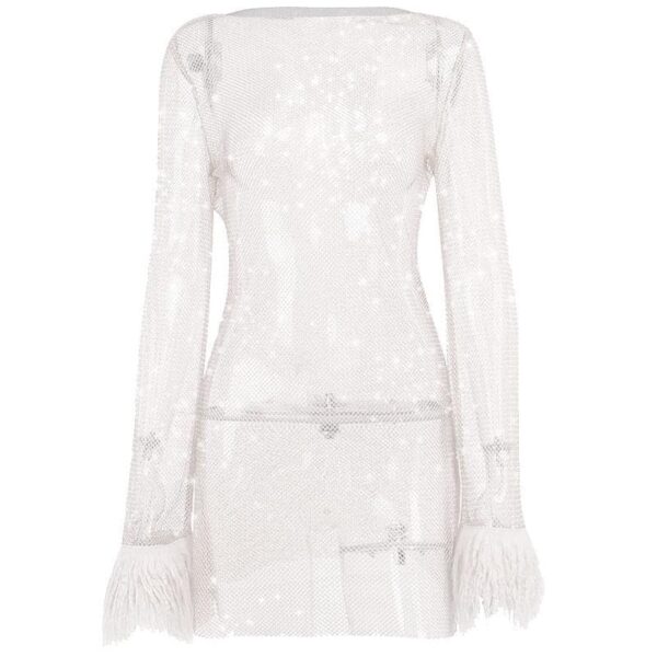 Long sleeve solid see through sheer mesh fluffy round neck mini dress - Image 11