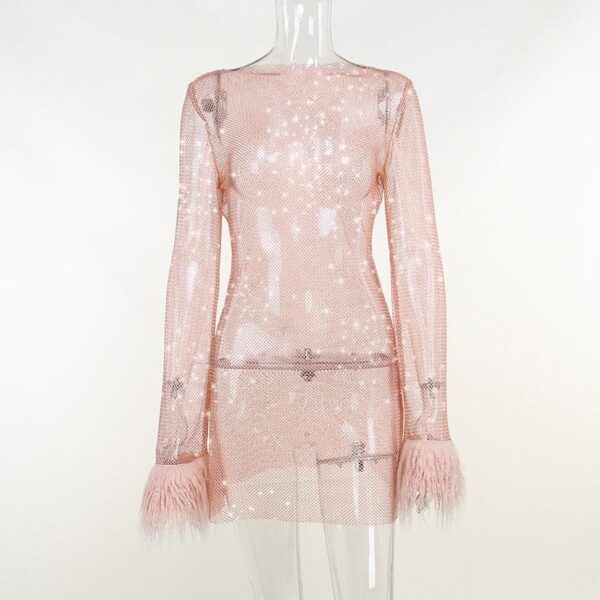 Long sleeve solid see through sheer mesh fluffy round neck mini dress - Image 3