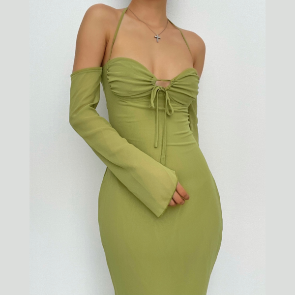 Low cut halter off shoulder long flared sleeve midi dress - Image 4