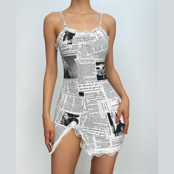 Hem lace newspaper print slit cami dress - Image 7