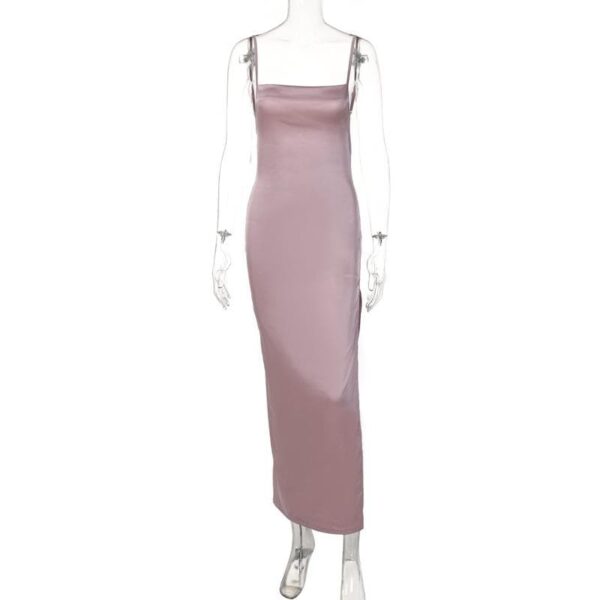 Sleeveless solid slit self tie backless satin midi dress - Image 3