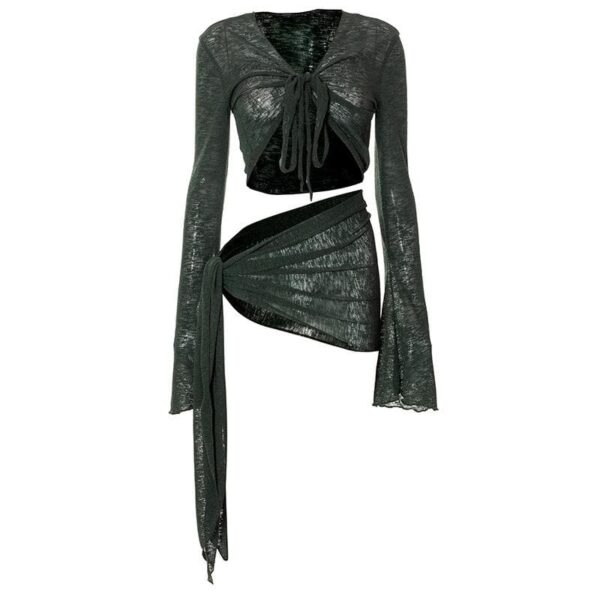Sheer mesh see through v neck knotted irregular long sleeve skirt set - Image 10