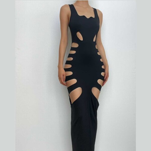 Hollow out solid slit sleeveless low cut cut out maxi dress - Image 2