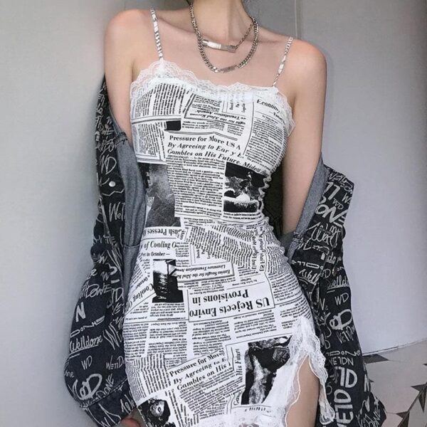 Hem lace newspaper print slit cami dress - Image 2