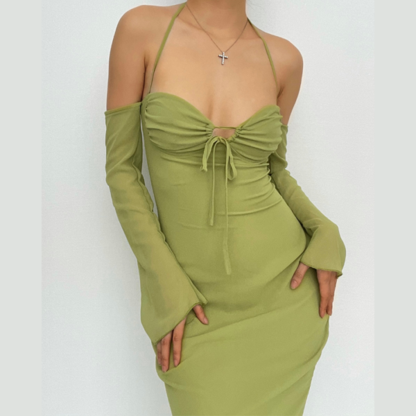 Low cut halter off shoulder long flared sleeve midi dress - Image 2