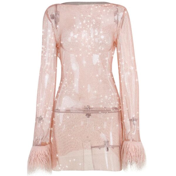Long sleeve solid see through sheer mesh fluffy round neck mini dress - Image 2