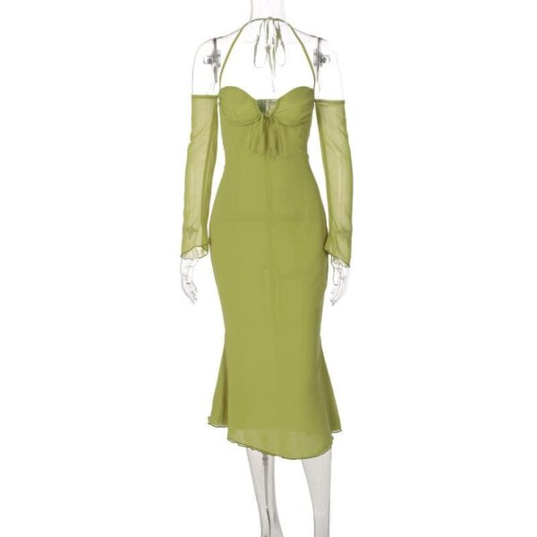 Low cut halter off shoulder long flared sleeve midi dress - Image 6
