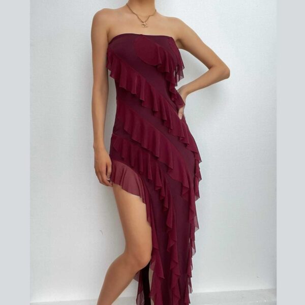 Irregular backless solid ruffle slit tube midi dress - Image 12