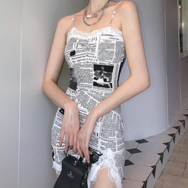 Hem lace newspaper print slit cami dress - Image 4