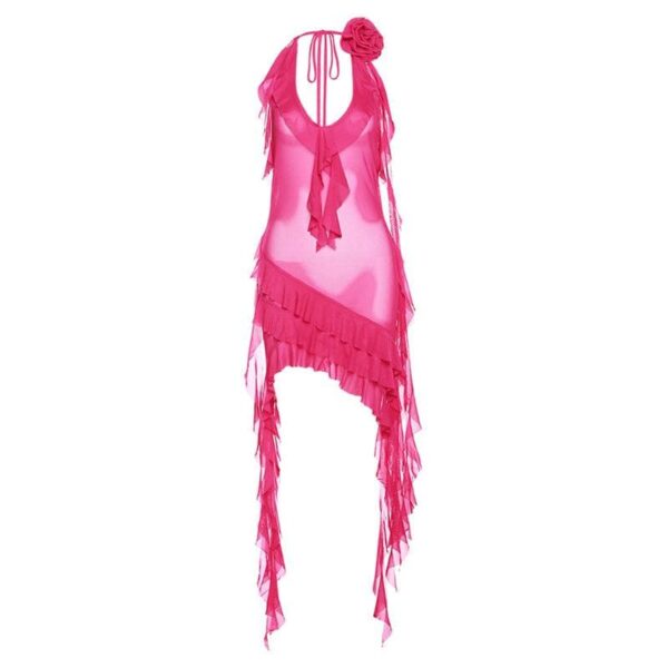See through halter sheer mesh ruffle flower applique mini dress - Image 3