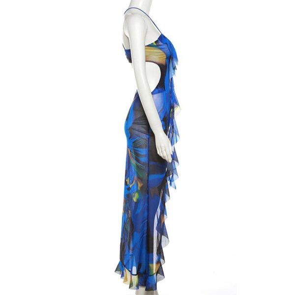 Cross front backless sheer mesh see through slit contrast print maxi dress - Image 5