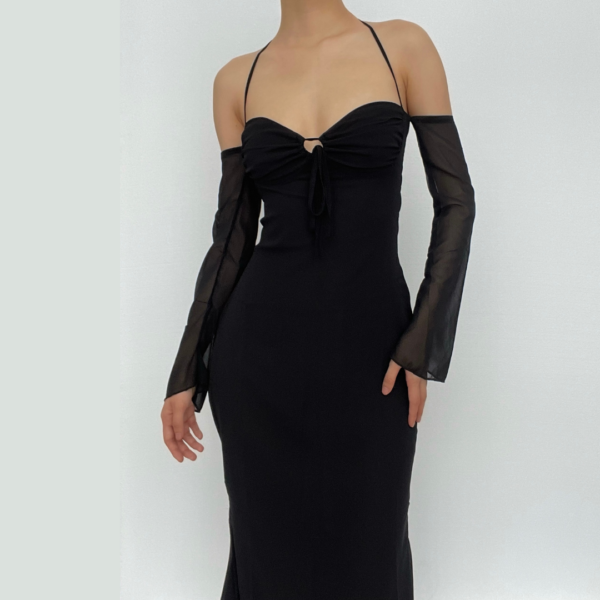 Low cut halter off shoulder long flared sleeve midi dress - Image 17
