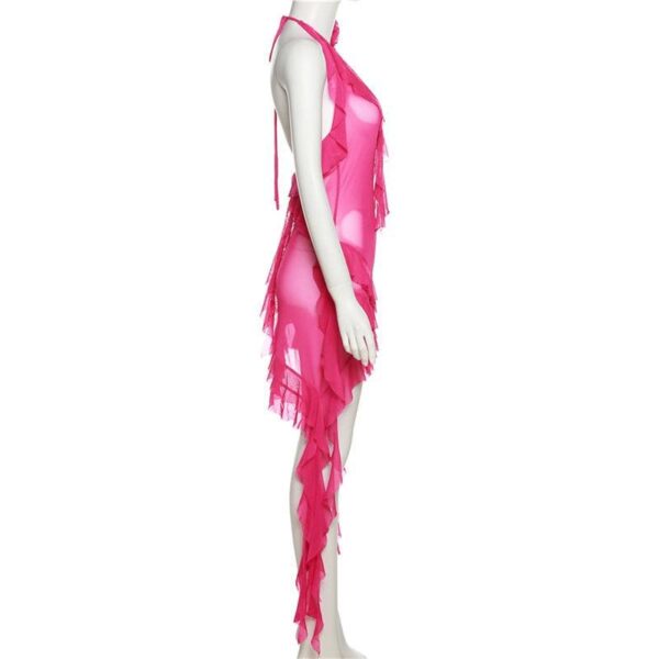 See through halter sheer mesh ruffle flower applique mini dress - Image 5