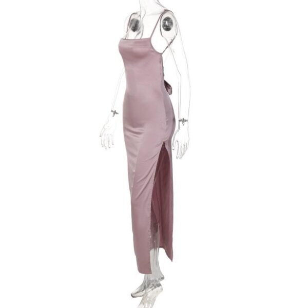 Sleeveless solid slit self tie backless satin midi dress - Image 4