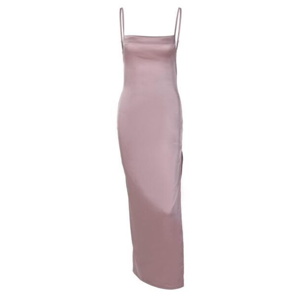 Sleeveless solid slit self tie backless satin midi dress - Image 2