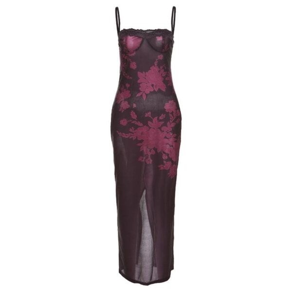 Lace hem contrast flower pattern slit cami midi dress - Image 2