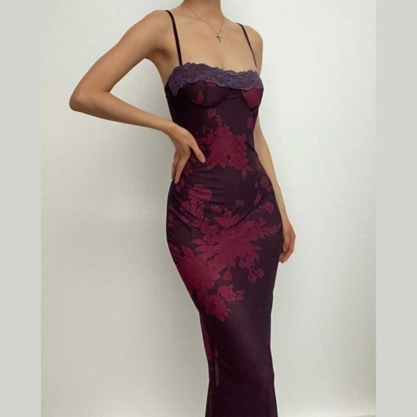 Lace hem contrast flower pattern slit cami midi dress - Image 9