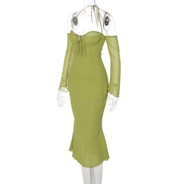 Low cut halter off shoulder long flared sleeve midi dress - Image 7