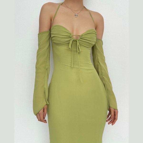 Low cut halter off shoulder long flared sleeve midi dress - Image 3