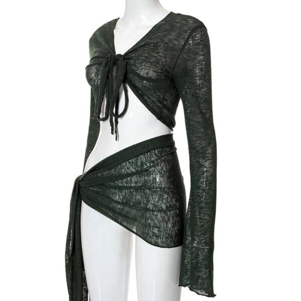 Sheer mesh see through v neck knotted irregular long sleeve skirt set - Image 4