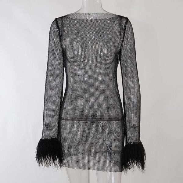 Long sleeve solid see through sheer mesh fluffy round neck mini dress - Image 10