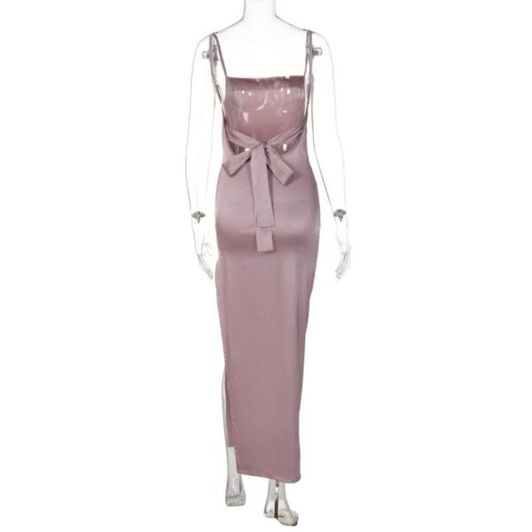 Sleeveless solid slit self tie backless satin midi dress - Image 5