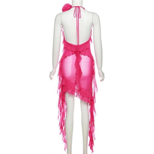 See through halter sheer mesh ruffle flower applique mini dress - Image 6