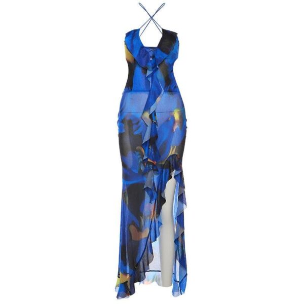 Cross front backless sheer mesh see through slit contrast print maxi dress - Image 3