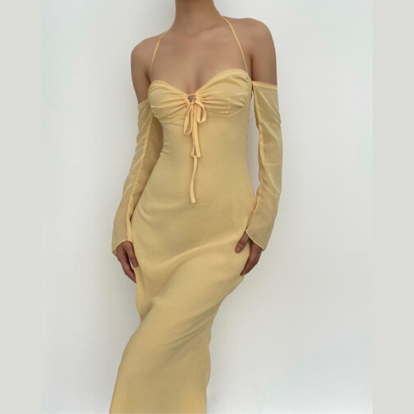 Low cut halter off shoulder long flared sleeve midi dress - Image 12