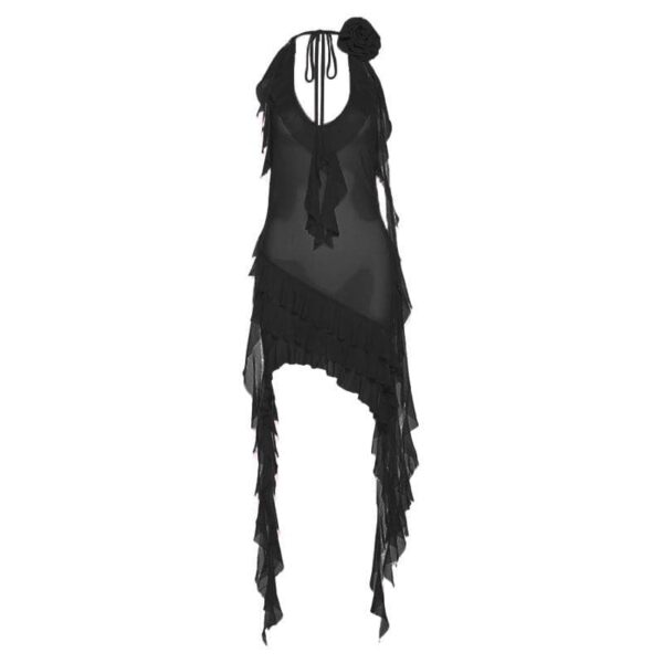 See through halter sheer mesh ruffle flower applique mini dress - Image 2