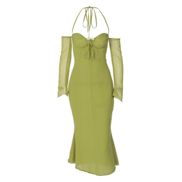 Low cut halter off shoulder long flared sleeve midi dress - Image 5