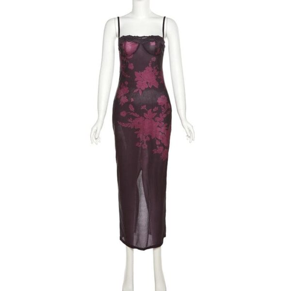 Lace hem contrast flower pattern slit cami midi dress - Image 3