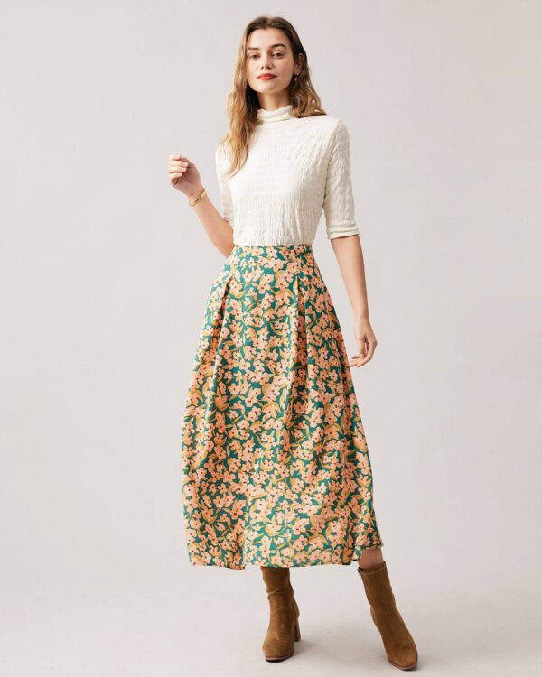 The High Waisted Pleated Floral Midi Skirt - Image 2