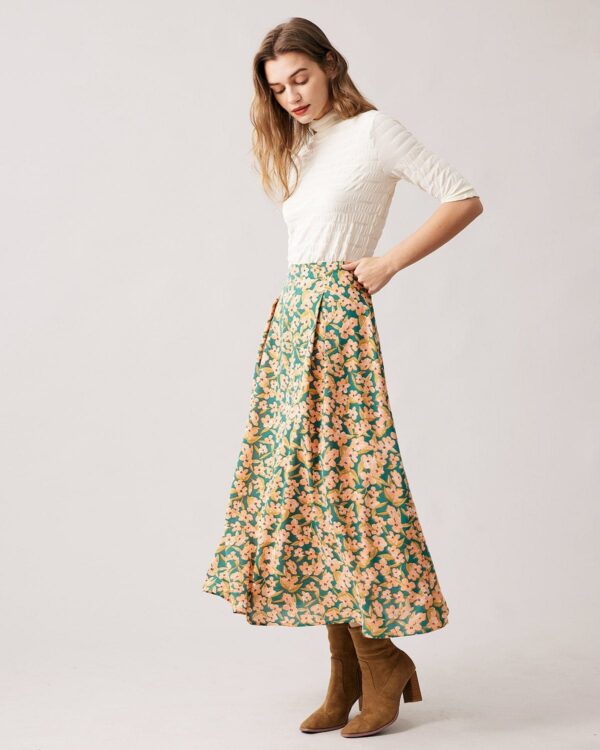 The High Waisted Pleated Floral Midi Skirt - Image 4