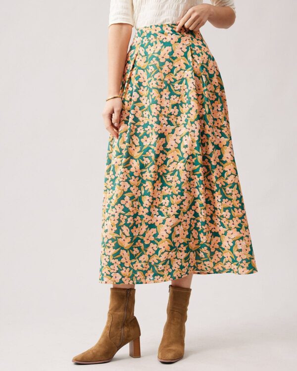 The High Waisted Pleated Floral Midi Skirt