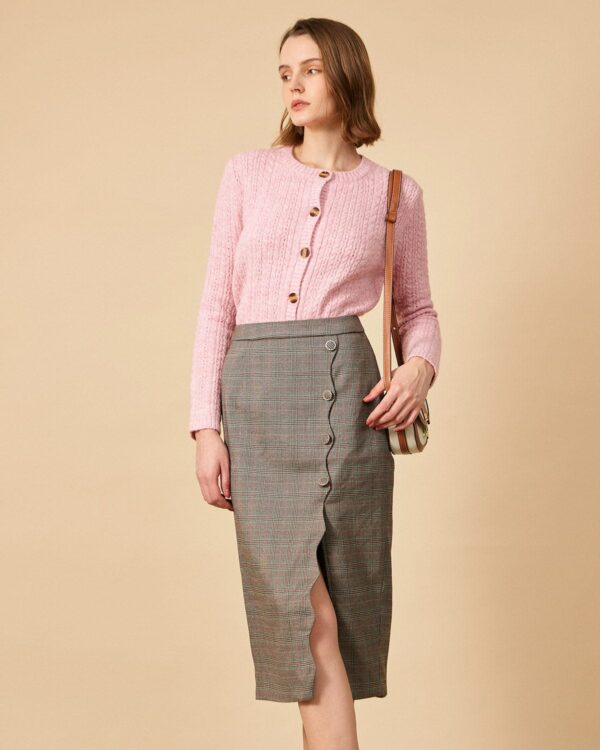 The High Waisted Side Slit Plaid Midi Skirt - Image 4