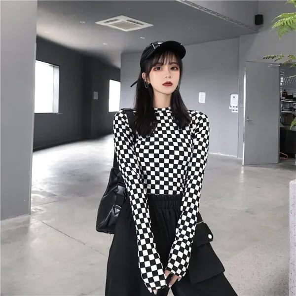 Black & White Checkered Mesh Top Long Sleeve Mock Neck Cropped Top Women's T-shirts Altgirl Outfit / - Image 3