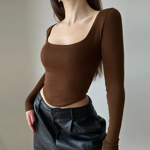 Long Sleeve Top Slim T-Shirts Women Basic Crop Top Autumn Pullover Solid O-neck T Shirt Streetwear Basic White Y2K Tees - Image 4